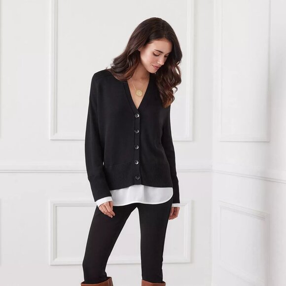 148$ Karen Kane Layered Buttons Front Cardigan Sweater Women's Size L Black - Picture 4 of 4